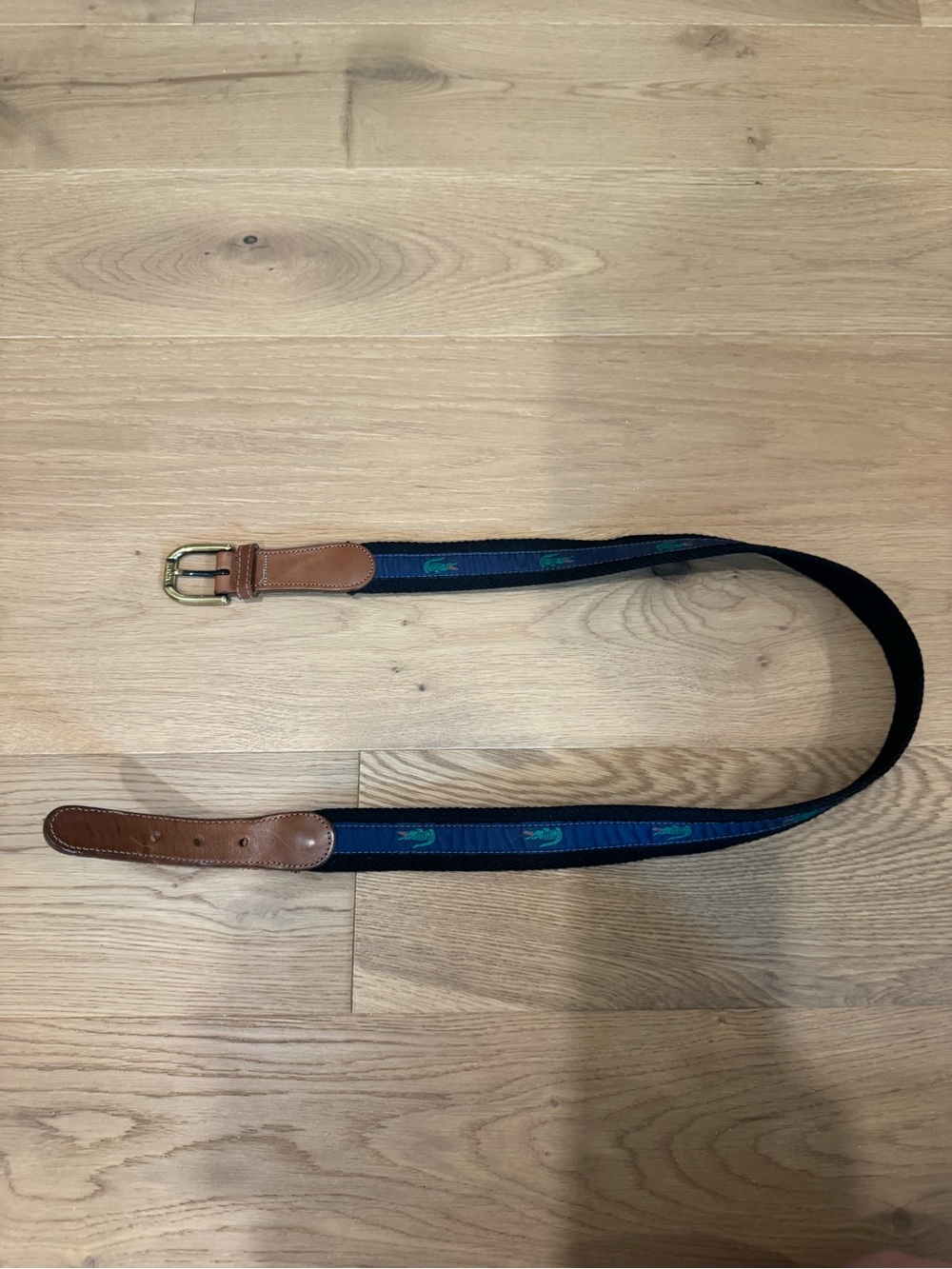 Lacoste Navy Webbing Belt with Green Croc Motif and Brown Leather Trim